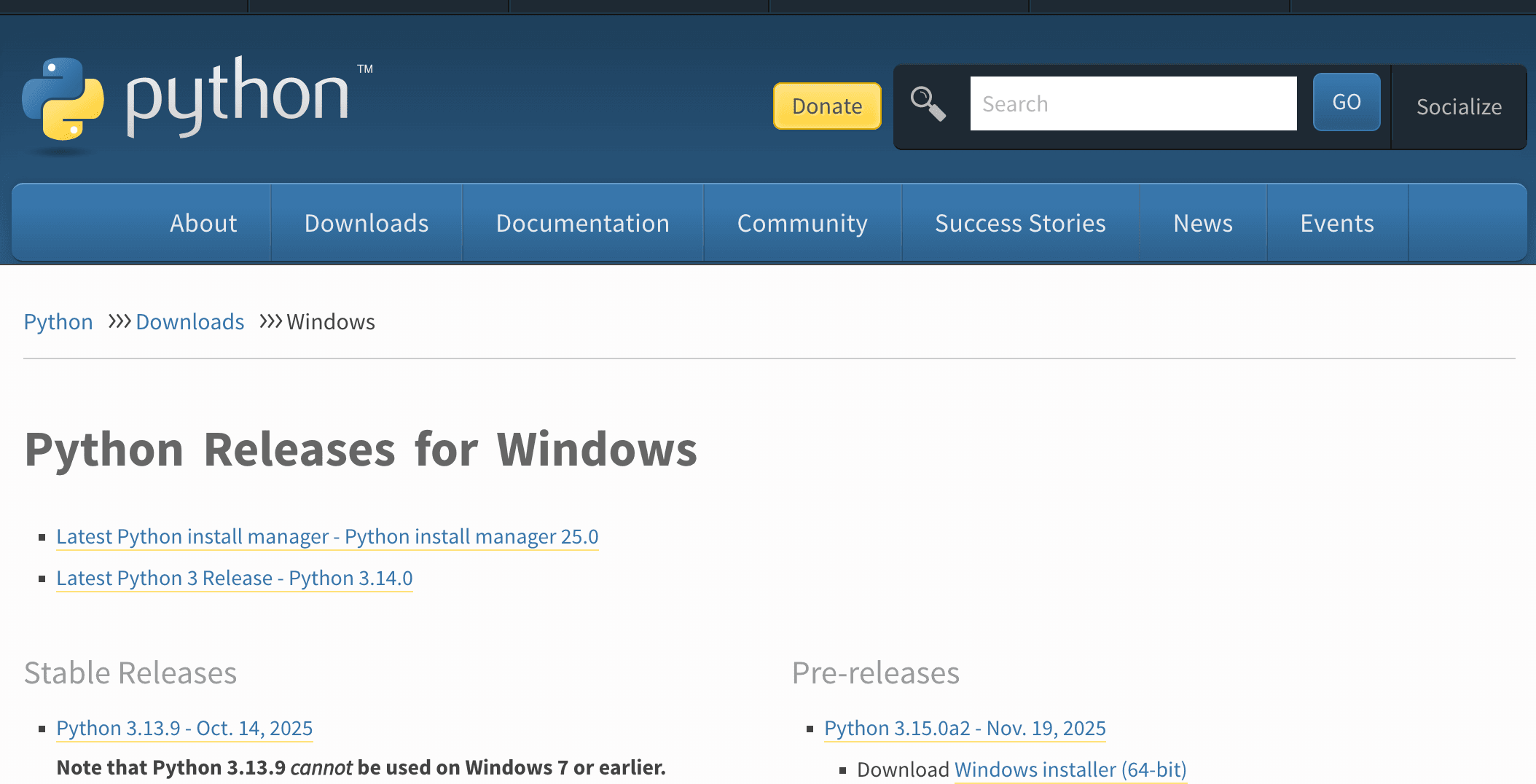Python公式サイトのダウンロード画面